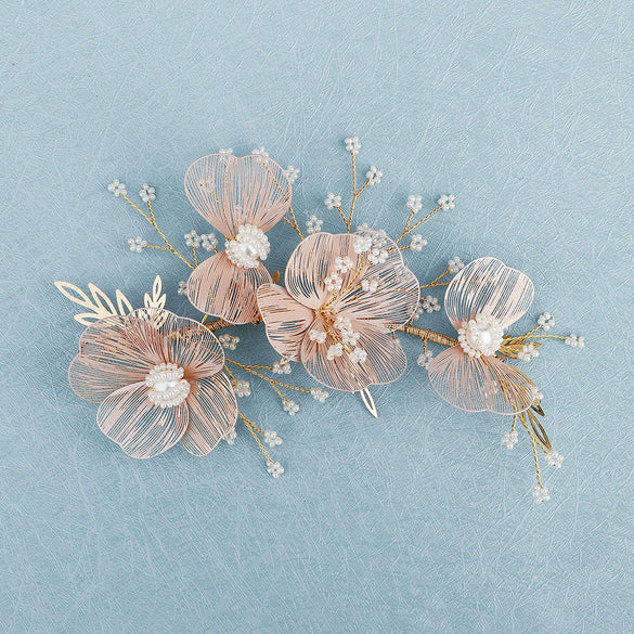 Handmade Copper Pearl Floral Headband Retro Gold Petal Hair Accessory For Women Bridal Wedding Xiuhe Dress Headwear