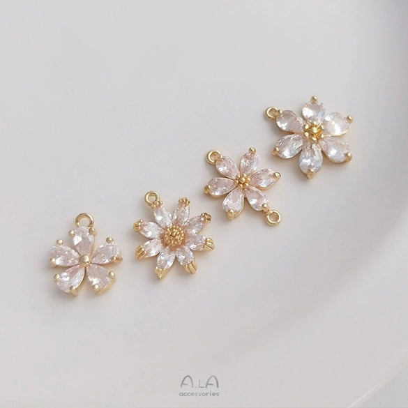 Handmade Copper Pendant With Natural Zircon Daisy Flower Double Hanging Design In Electroplated Gold Color For Diy Jewelry Making