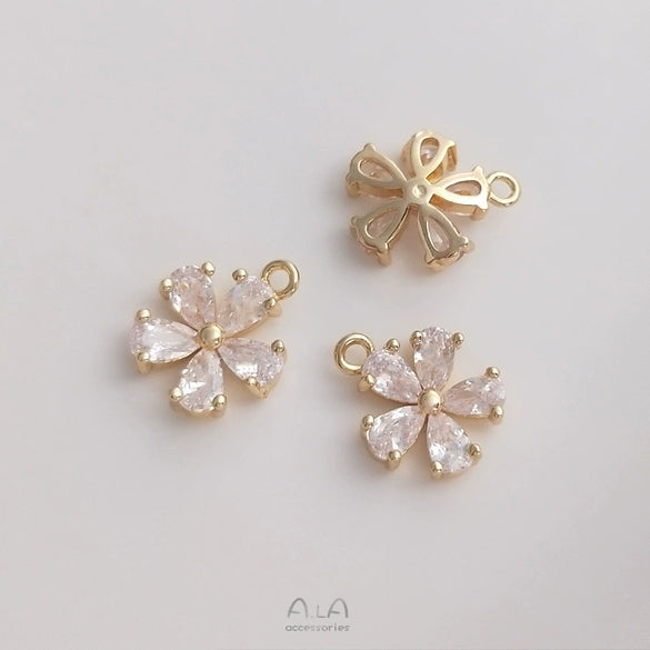 Handmade Copper Pendant With Natural Zircon Daisy Flower Double Hanging Design In Electroplated Gold Color For Diy Jewelry Making
