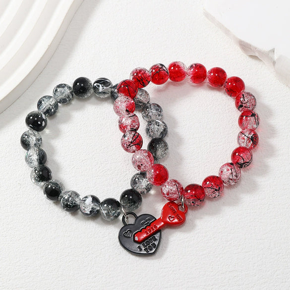 Handmade Couple Glass Bead Bracelet With Cortex Material And Heart Pattern