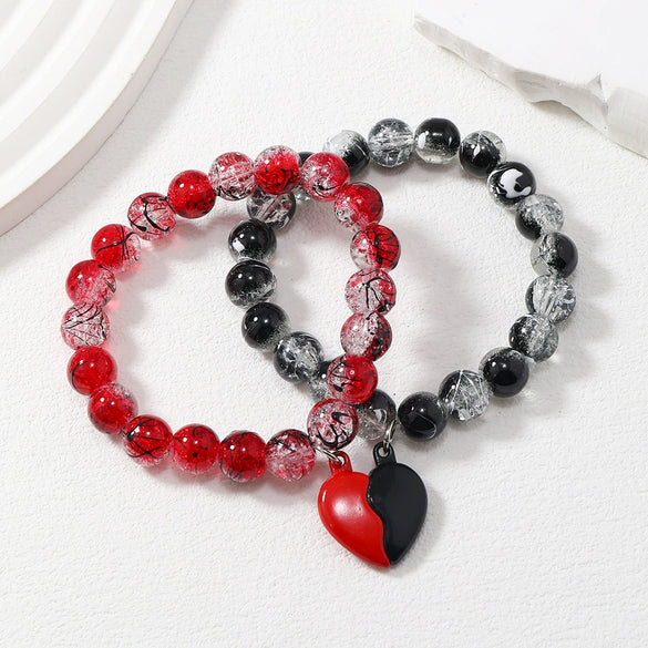 Handmade Couple Glass Bead Bracelet With Cortex Material And Heart Pattern