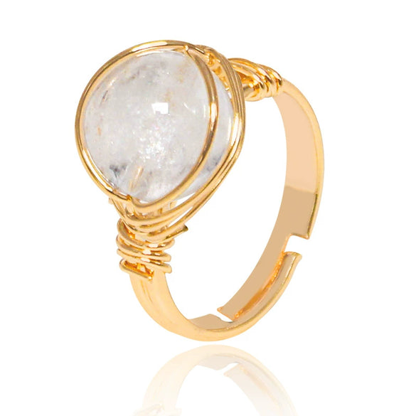 Handmade Crystal Raw Stone Winding Ring With Gold Plated Adjustable Drop Shape Geometric Design For Unisex Jewelry