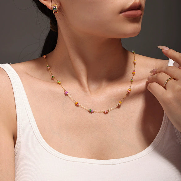 Handmade Double Layered Light Luxury Necklace With Natural Stone And Stainless Steel Chain Electroplated