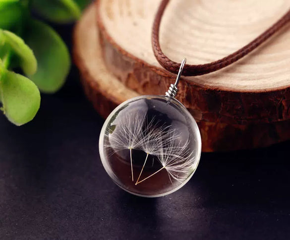 Handmade Dried Dandelion Flower Glass Ball Pendant Leather Rope Necklace For Women