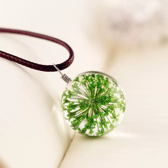Handmade Dried Dandelion Flower Glass Ball Pendant Leather Rope Necklace For Women