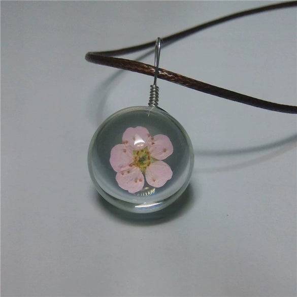 Handmade Dried Dandelion Flower Glass Ball Pendant Leather Rope Necklace For Women