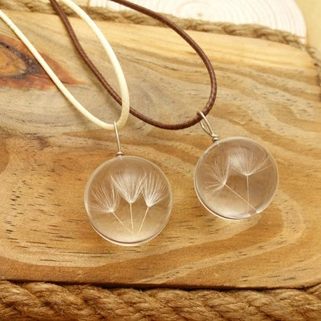 Handmade Dried Dandelion Flower Glass Ball Pendant Leather Rope Necklace For Women
