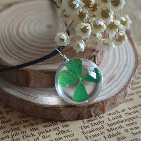 Handmade Dried Dandelion Flower Glass Ball Pendant Leather Rope Necklace For Women