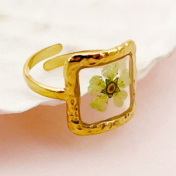 Handmade Dried Flower Epoxy Resin Printing Open Ring Stainless Steel Electroplated