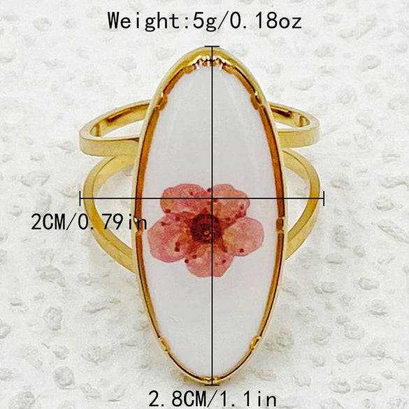 Handmade Dried Flower Epoxy Resin Printing Open Ring Stainless Steel Electroplated