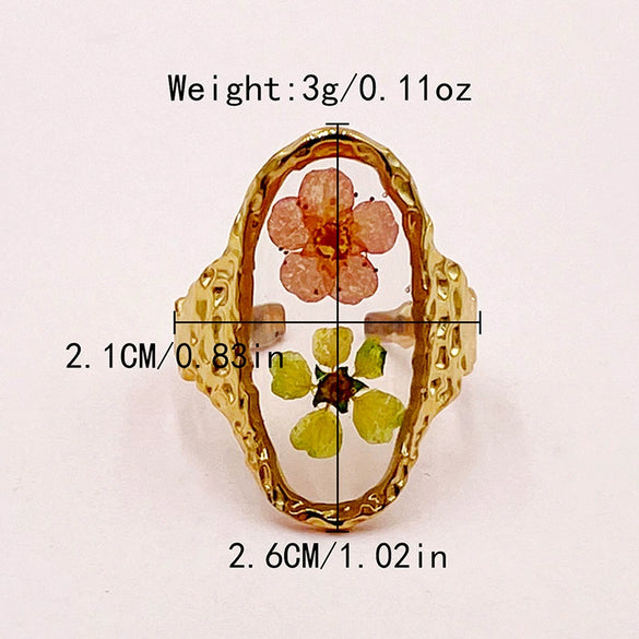 Handmade Dried Flower Epoxy Resin Printing Open Ring Stainless Steel Electroplated