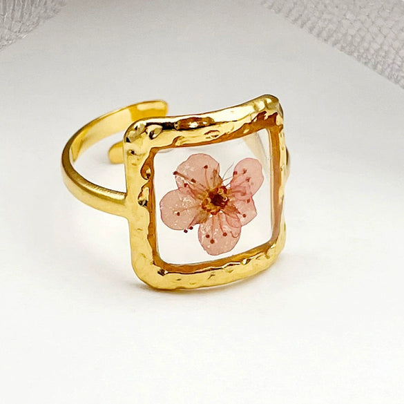 Handmade Dried Flower Epoxy Resin Printing Open Ring Stainless Steel Electroplated