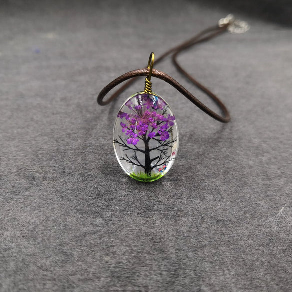 Handmade Dried Flower Necklace With Crystal Real Flower Pattern Organic Glass Pendant And Rope Chain Natural Style