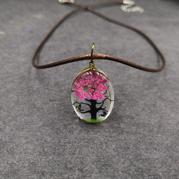 Handmade Dried Flower Necklace With Crystal Real Flower Pattern Organic Glass Pendant And Rope Chain Natural Style