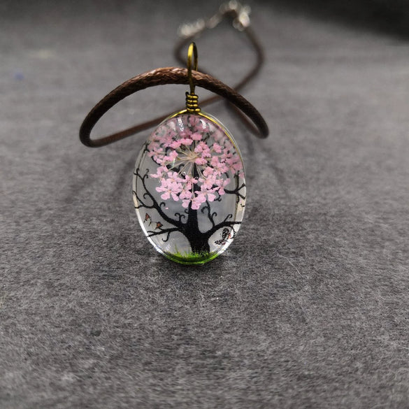 Handmade Dried Flower Necklace With Crystal Real Flower Pattern Organic Glass Pendant And Rope Chain Natural Style