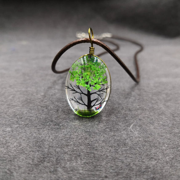 Handmade Dried Flower Necklace With Crystal Real Flower Pattern Organic Glass Pendant And Rope Chain Natural Style