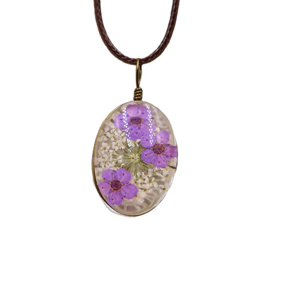 Handmade Dried Flower Necklace With Crystal Real Flower Pattern Organic Glass Pendant And Rope Chain Natural Style