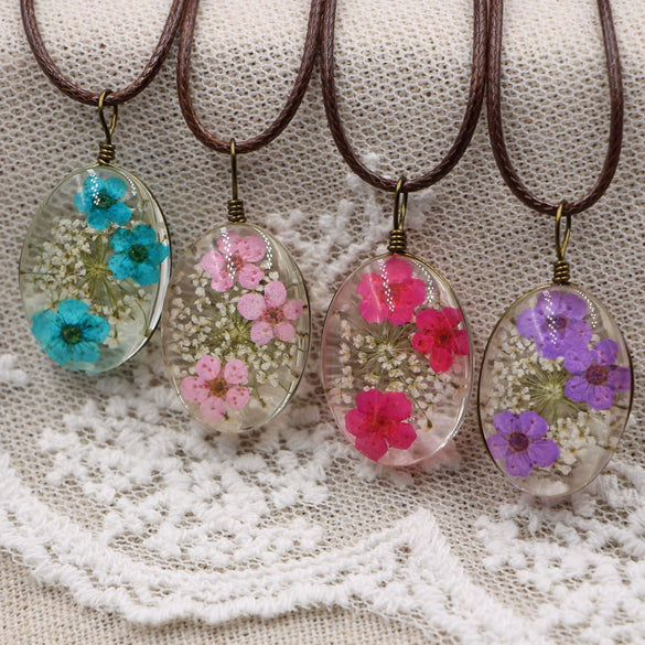 Handmade Dried Flower Necklace With Crystal Real Flower Pattern Organic Glass Pendant And Rope Chain Natural Style