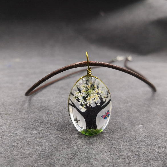 Handmade Dried Flower Necklace With Crystal Real Flower Pattern Organic Glass Pendant And Rope Chain Natural Style