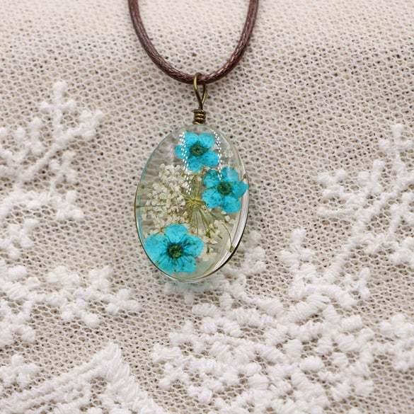 Handmade Dried Flower Necklace With Crystal Real Flower Pattern Organic Glass Pendant And Rope Chain Natural Style