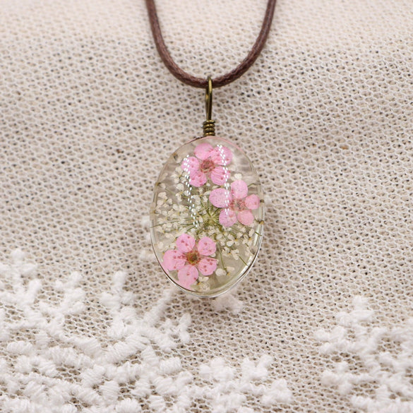 Handmade Dried Flower Necklace With Crystal Real Flower Pattern Organic Glass Pendant And Rope Chain Natural Style