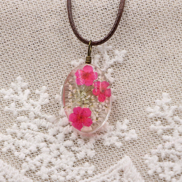 Handmade Dried Flower Necklace With Crystal Real Flower Pattern Organic Glass Pendant And Rope Chain Natural Style