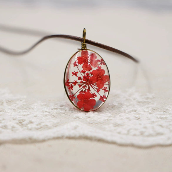 Handmade Dried Flower Necklace With Crystal Real Flower Pattern Organic Glass Pendant And Rope Chain Natural Style