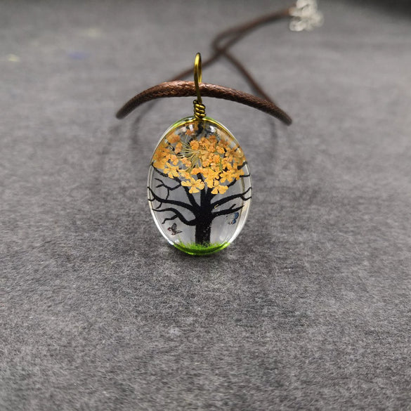 Handmade Dried Flower Necklace With Crystal Real Flower Pattern Organic Glass Pendant And Rope Chain Natural Style