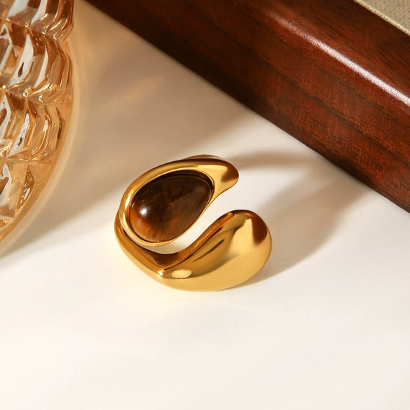 Handmade Dropshaped Geometric Stainless Steel Ring Set With Tiger Eye Stone For Women