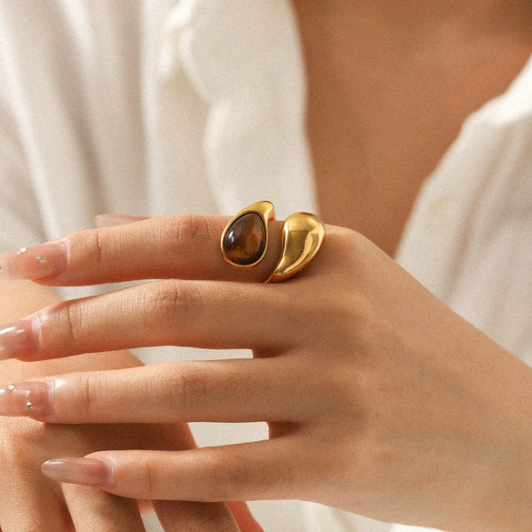 Handmade Dropshaped Geometric Stainless Steel Ring Set With Tiger Eye Stone For Women