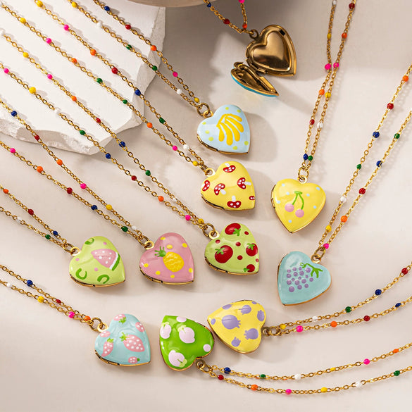 Handmade Electroplated Stainless Steel And Titanium Steel Heart Fruit Oil Drop Necklace For Women