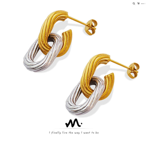 Handmade Embossed 316L Stainless Steel Goldplated Geometric Oval Earrings And Ring