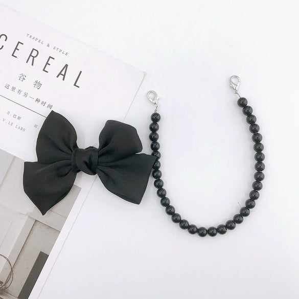 Handmade Fabric Bow Phone Case Accessories With Black Beaded Lobster Clasp And Handwoven Design
