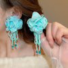 Handmade Fabric Chiffon Flower Tassel Earrings For Women With Rice Beads In Vacation Style