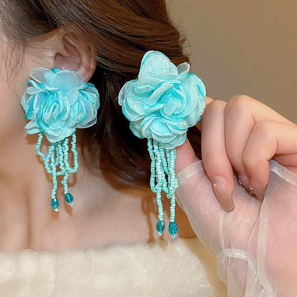 Handmade Fabric Chiffon Flower Tassel Earrings For Women With Rice Beads In Vacation Style