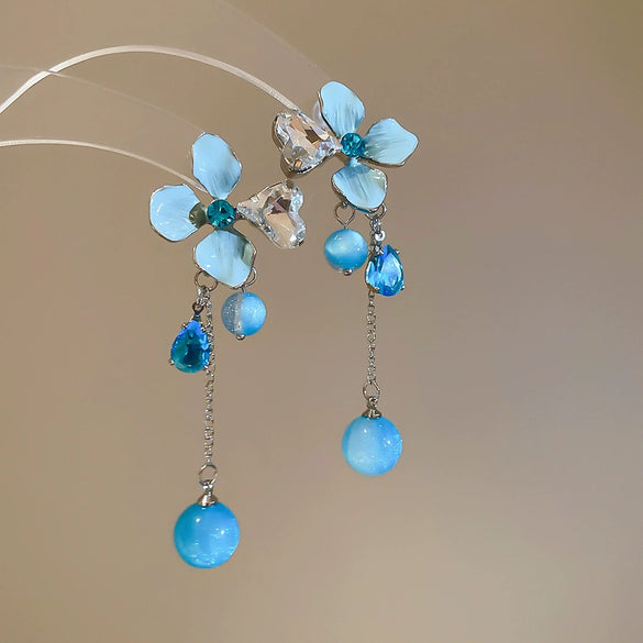 Handmade Fabric Chiffon Flower Tassel Earrings For Women With Rice Beads In Vacation Style