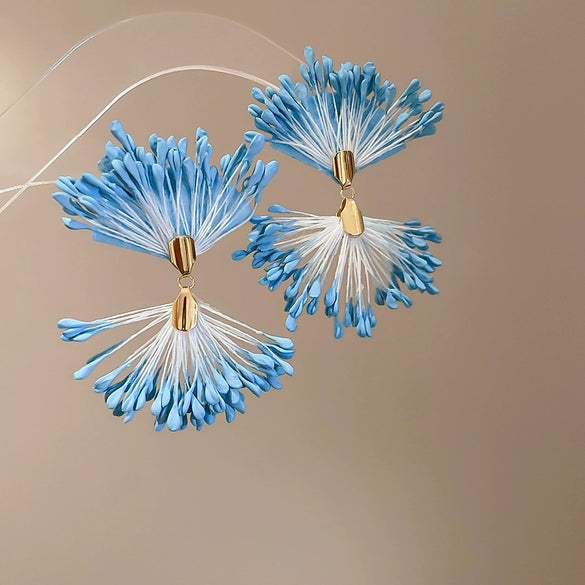 Handmade Fabric Chiffon Flower Tassel Earrings For Women With Rice Beads In Vacation Style
