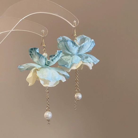 Handmade Fabric Chiffon Flower Tassel Earrings For Women With Rice Beads In Vacation Style