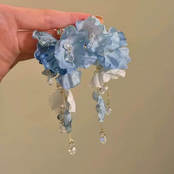 Handmade Fabric Chiffon Flower Tassel Earrings For Women With Rice Beads In Vacation Style