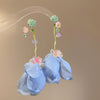 Handmade Fabric Chiffon Flower Tassel Earrings For Women With Rice Beads In Vacation Style