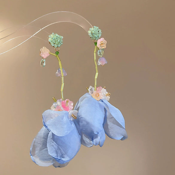 Handmade Fabric Chiffon Flower Tassel Earrings For Women With Rice Beads In Vacation Style