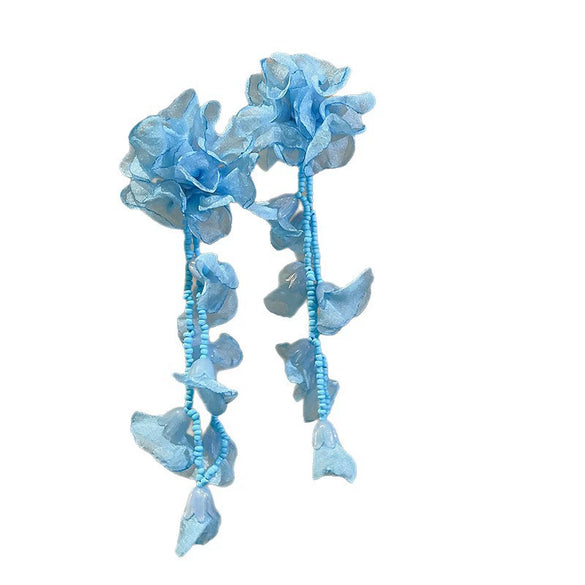 Handmade Fabric Chiffon Flower Tassel Earrings For Women With Rice Beads In Vacation Style