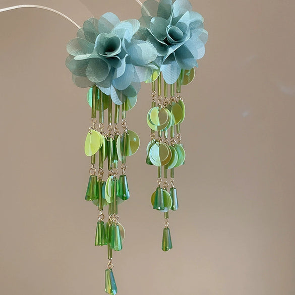Handmade Fabric Chiffon Flower Tassel Earrings For Women With Rice Beads In Vacation Style