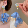 Handmade Fabric Chiffon Flower Tassel Earrings For Women With Rice Beads In Vacation Style