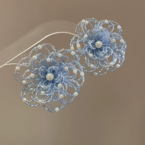Handmade Fabric Chiffon Flower Tassel Earrings For Women With Rice Beads In Vacation Style