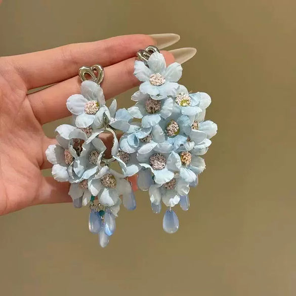 Handmade Fabric Chiffon Flower Tassel Earrings For Women With Rice Beads In Vacation Style