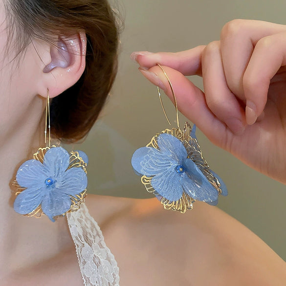 Handmade Fabric Chiffon Flower Tassel Earrings For Women With Rice Beads In Vacation Style