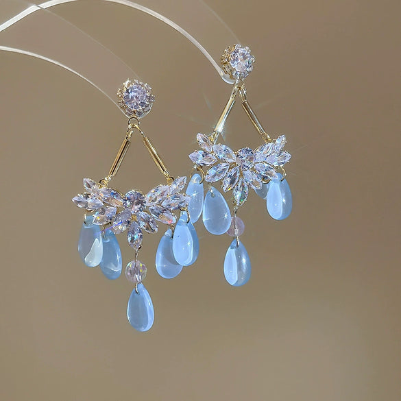 Handmade Fabric Chiffon Flower Tassel Earrings For Women With Rice Beads In Vacation Style