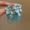Handmade Fabric Chiffon Flower Tassel Earrings For Women With Rice Beads In Vacation Style