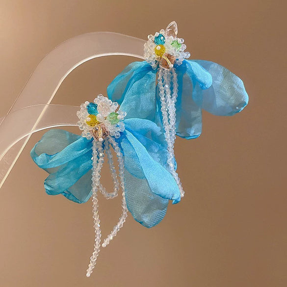 Handmade Fabric Chiffon Flower Tassel Earrings For Women With Rice Beads In Vacation Style
